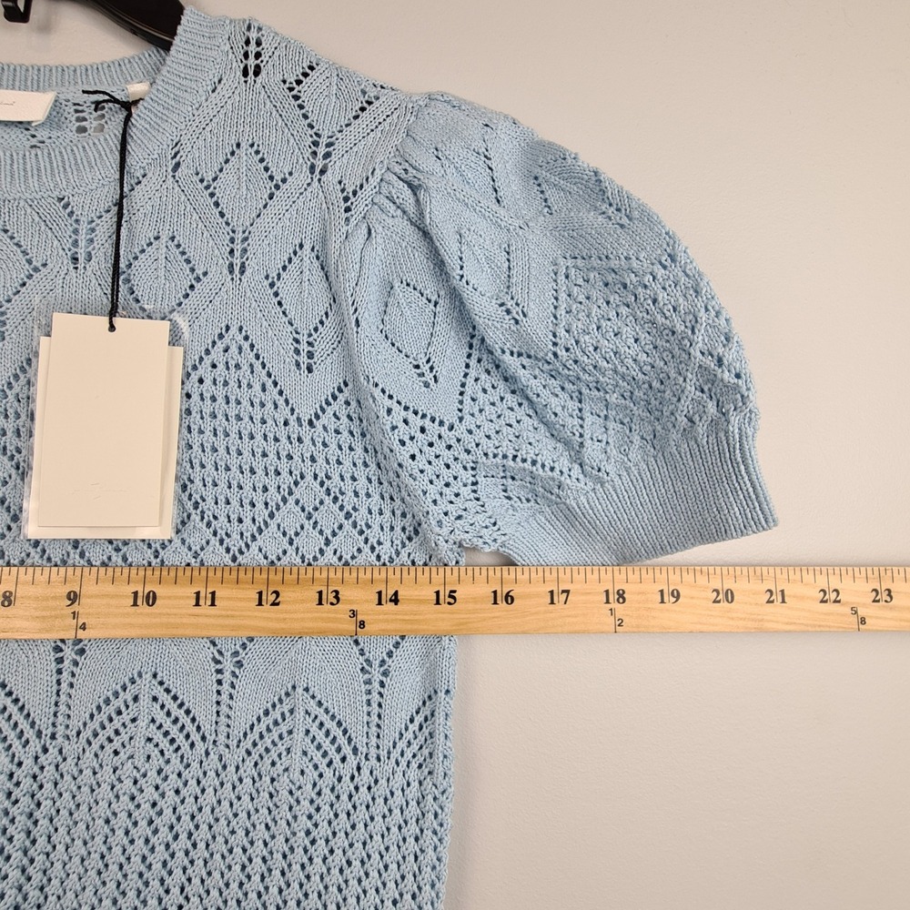 7 For All Mankind Womens Light Blue Pointelle Knit Puff Sleeve Sweater‎ Small - Picture 3 of 8
